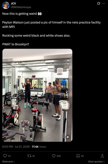 Peyton Watson takes a mirror photo while working out with former Nuggets teammate Michael Porter Jr.