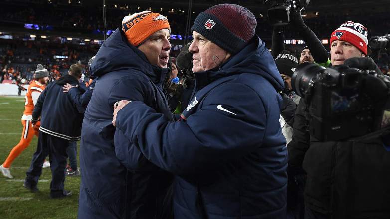 Denver Broncos head coach Sean Payton and North Carolina Tar Heels head coach Bill Belichick