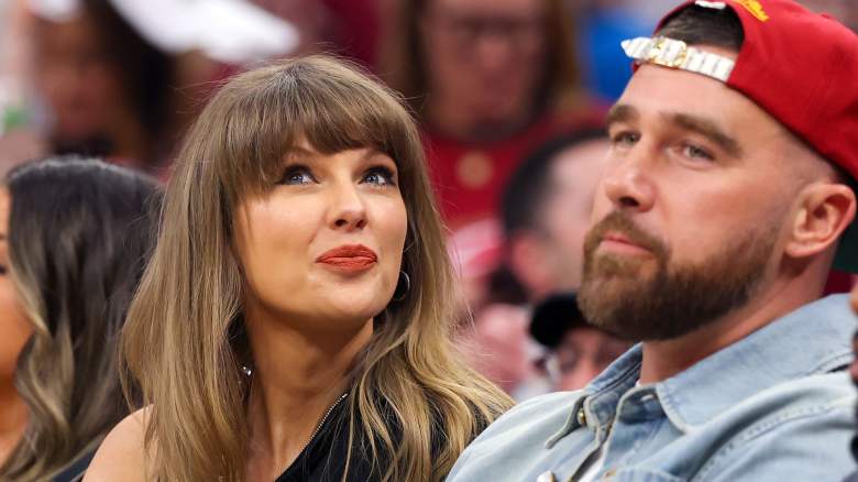 Taylor Swift and Travis Kelce of the Kansas City Chiefs attend Game Three between the New York Knicks and the Cleveland Cavaliers in the NBA Eastern Conference Finals at Rocket Arena on May 23, 2026 in Cleveland, Ohio