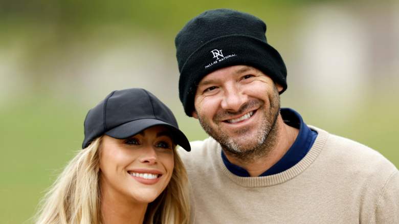 Former NFL player Tony Romo and his wife Candice Romo pose for a photo during the final round of the Invited Celebrity Classic at Las Colinas Country Club on April 23, 2023 in Irving, Texas