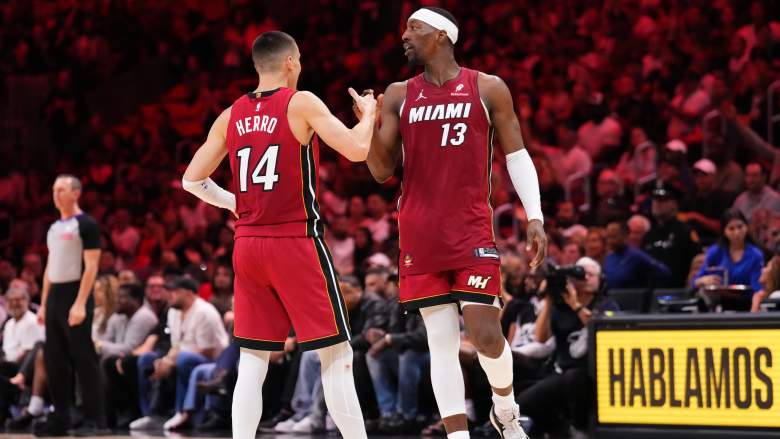 Milwaukee Bucks guard Tyler Herro and Miami Heat center Bam Adebayo