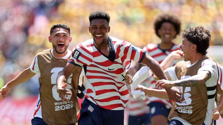 Alex Freeman #16 of the United States celebrates with teammates after scoring his team's second goal during the FIFA World Cup 2026 Group D match between USA and Australia at Seattle Stadium on June 19, 2026