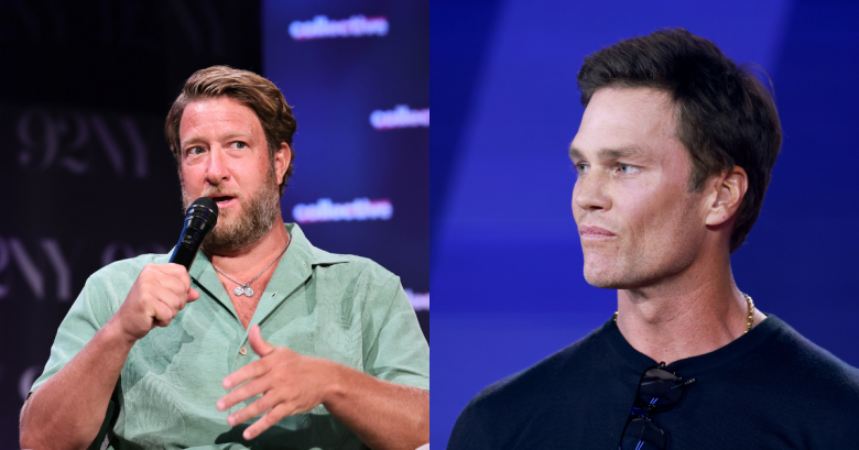 Barstool Sports founder Dave Portnoy speaks during a New York event as former Patriots quarterback Tom Brady attends a FIFA World Cup 2026 press conference at Fanatics Fest in a split-screen image.