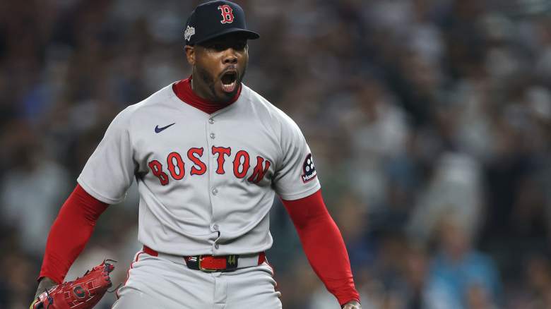 Aroldis Chapman #44 of the Boston Red Sox reacts after striking out Trent Grisham.