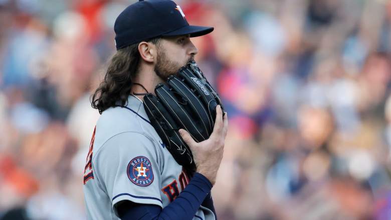 Spencer Arrighetti #41 of the Houston Astros looks to the outfield.