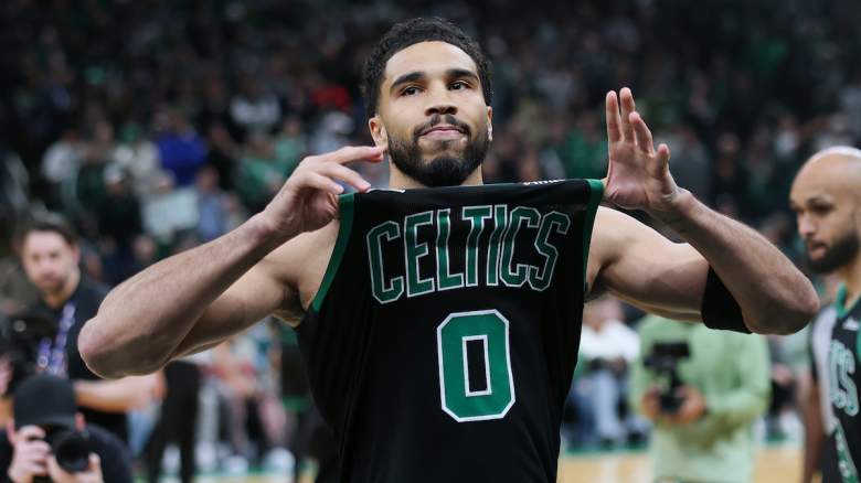 Jayson Tatum #0 of the Boston Celtics warms up.