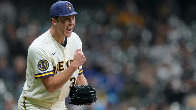 Jacob Misiorowski #32 of the Milwaukee Brewers reacts after striking out Nick Castellanos