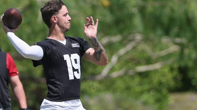Carson Beck #19 of the Arizona Cardinals practices in team rookie mincamp