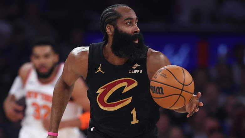 Cleveland Cavaliers guard James Harden handles the ball during a game