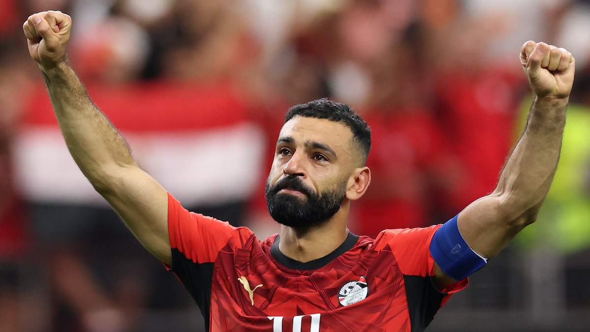 Mohamed Salah #10 of Egypt applauds fans after the team's victory.