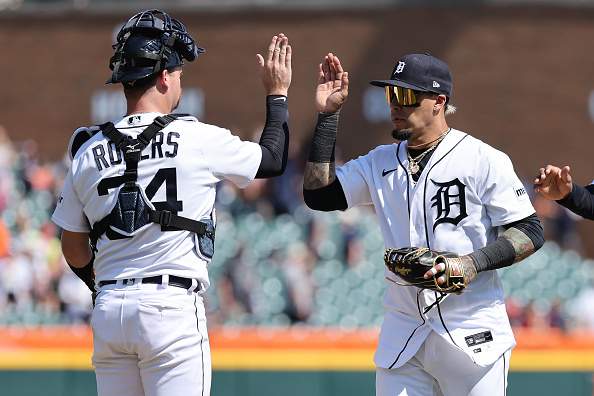DETROIT, MICHIGAN - MAY 31: Javier Baez #28 of the Detroit Tigers celebrates a 3-2 win over the Texas Rangers with Jake Rogers #34 of the Detroit Tigers at Comerica Park on May 31, 2023 in Detroit, Michigan. (Photo by Gregory Shamus/Getty Images)