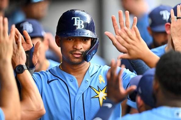 CLEVELAND, OHIO - SEPTEMBER 03: Christian Bethancourt #14 of the Tampa Bay Rays celebrates after scoring during the ninth inning against the Cleveland Guardians at Progressive Field on September 03, 2023 in Cleveland, Ohio. (Photo by Jason Miller/Getty Images)