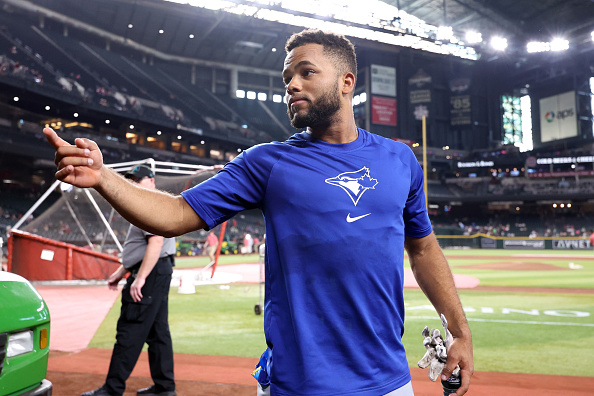 PHOENIX, ARIZONA - JULY 12: Steward Berroa #37 of the Toronto Blue Jays acknowledges fans before the game against the Arizona Diamondbacks at Chase Field on July 12, 2024 in Phoenix, Arizona. (Photo by Chris Coduto/Getty Images)