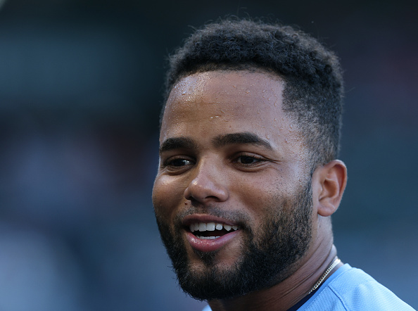 ANAHEIM, CALIFORNIA - AUGUST 12: Steward Berroa #37 of the Toronto Blue Jays smiles in the dugout before the game against the Los Angeles Angels at Angel Stadium of Anaheim on August 12, 2024 in Anaheim, California. (Photo by Harry How/Getty Images)