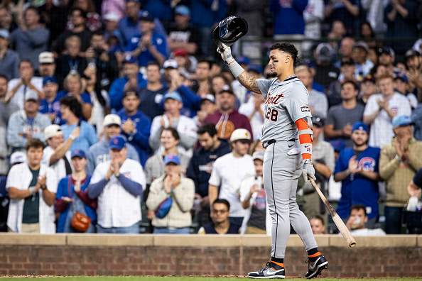 CHICAGO, ILLINOIS - AUGUST 20: Javier B&aacute;ez #28 of the Detroit Tigers acknowledges the crowd in the second inning in his first at-bat at Wrigley Field since his 2021 trade against the Chicago Cubs on August 20, 2024 in Chicago, Illinois. (Photo by Griffin Quinn/Getty Images)
