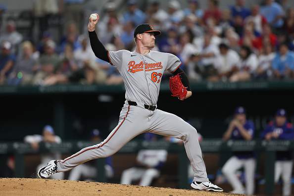 ARLINGTON, TEXAS - JULY 01: Scott Blewett #67 of the Baltimore Orioles pitches during the sixth inning against the Texas Rangers at Globe Life Field on July 01, 2025 in Arlington, Texas. (Photo by Sam Hodde/Getty Images)