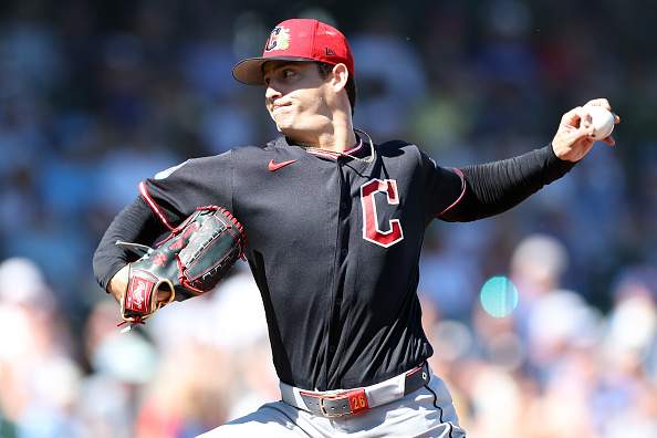 MESA, ARIZONA - FEBRUARY 27: Pitcher Logan Allen #26 of the Cleveland Guardians throws during the first inning of a spring training game against the Chicago Cubs at Sloan Park on February 27, 2026 in Mesa, Arizona. (Photo by Chris Coduto/Getty Images)