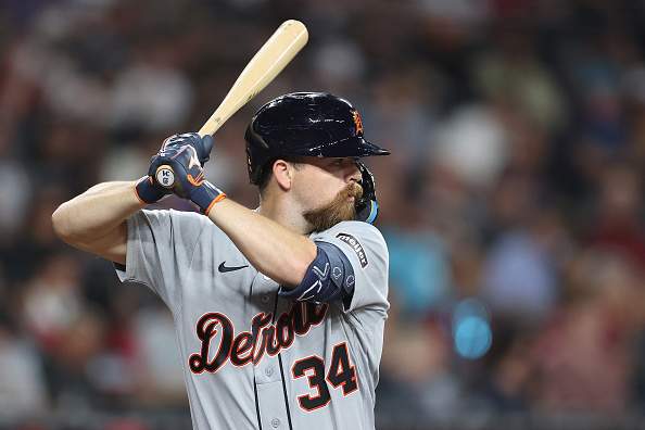 PHOENIX, ARIZONA - MARCH 31: Jake Rogers #34 of the Detroit Tigers bats against the Arizona Diamondbacks during the MLB game at Chase Field on March 31, 2026 in Phoenix, Arizona. The Diamondbacks defeated the Tigers 7-5. (Photo by Christian Petersen/Getty Images)