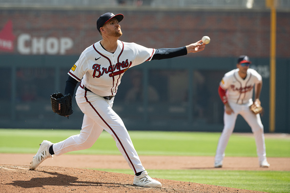 ATLANTA, GEORGIA - APRIL 26: Aaron Bummer #49 of the Atlanta Braves pitches in the eighth inning of a game against the Philadelphia Phillies at Truist Park on April 26, 2026 in Atlanta, Georgia. (Photo by Edward M. Pio Roda/Getty Images)