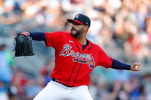 ATLANTA, GEORGIA - JUNE 5: Martin Perez #33 of the Atlanta Braves pitches during the first inning against the Pittsburgh Pirates at Truist Park on June 5, 2026 in Atlanta, Georgia. (Photo by Todd Kirkland/Getty Images)