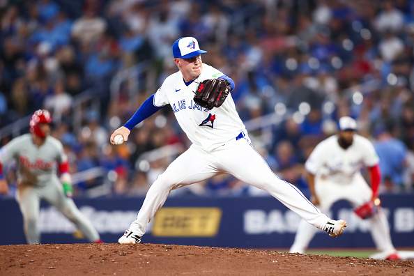 TORONTO, CANADA - JUNE 10: Braydon Fisher #63 of the Toronto Blue Jays pitches in the seventh inning of their MLB game against the Philadelphia Phillies at Rogers Centre on June 10, 2026 in Toronto, Ontario, Canada. (Photo by Cole Burston/Getty Images)