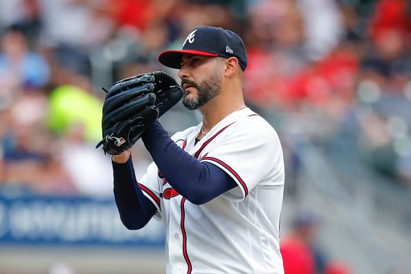 ATLANTA, GEORGIA - JUNE 30: Martin Perez #33 of the Atlanta Braves reacts during the second inning against the St. Louis Cardinals at Truist Park on June 30, 2026 in Atlanta, Georgia. (Photo by Todd Kirkland/Getty Images)