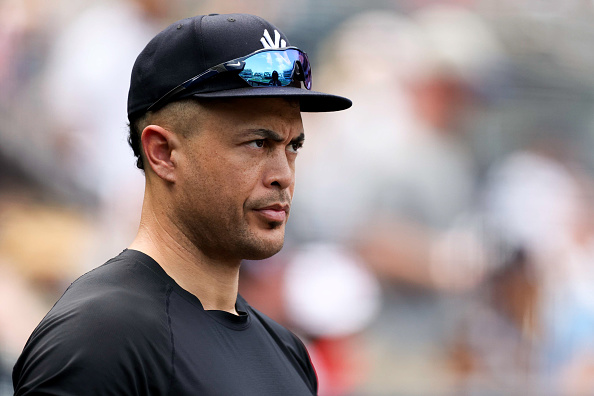 NEW YORK, NEW YORK - JULY 01: Giancarlo Stanton #27 outfield the New York Yankees looks on during the fifth inning against the Detroit Tigers at Yankee Stadium on July 01, 2026 in New York City. (Photo by Caleb Bowlin/Getty Images)