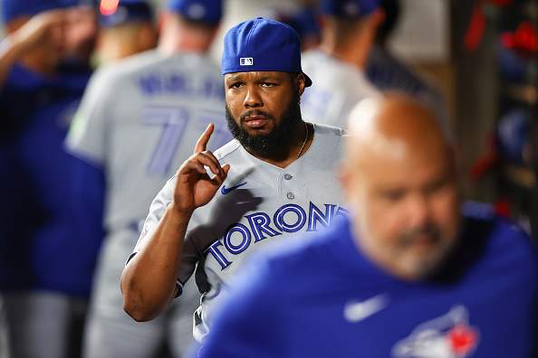 SEATTLE, WASHINGTON - JULY 03: Vladimir Guerrero Jr. #27 of the Toronto Blue Jays reacts after beating the Seattle Mariners 2-0 at T-Mobile Park on July 03, 2026 in Seattle, Washington. (Photo by Olivia Vanni/Getty Images)