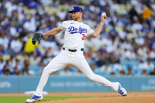 LOS ANGELES, CALIFORNIA - JULY 06: Eric Lauer #33 of the Los Angeles Dodgers pitches during the first inning against the Colorado Rockies at Dodger Stadium on July 06, 2026 in Los Angeles, California. (Photo by Ryan Sirius Sun/Getty Images)