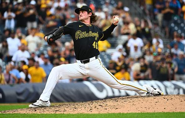 PITTSBURGH, PENNSYLVANIA - JULY 11: Mason Montgomery #46 of the Pittsburgh Pirates pitches in the ninth inning of game two of a doubleheader against the Milwaukee Brewers at PNC Park on July 11, 2026 in Pittsburgh, Pennsylvania. (Photo by Justin Berl/Getty Images)