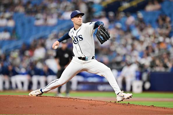 ST PETERSBURG, FLORIDA - JULY 11: Griffin Jax #22 of the Tampa Bay Rays delivers a pitch in the first inning against the Seattle Mariners at Tropicana Field on July 11, 2026 in St Petersburg, Florida. (Photo by Julio Aguilar/Getty Images)