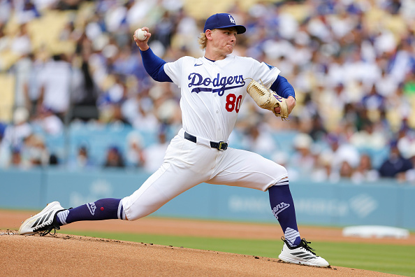 LOS ANGELES, CALIFORNIA - JULY 12: Emmet Sheehan #80 of the Los Angeles Dodgers pitches during the first inning against the Arizona Diamondbacks at Dodger Stadium on July 12, 2026 in Los Angeles, California. (Photo by Ryan Sirius Sun/Getty Images)