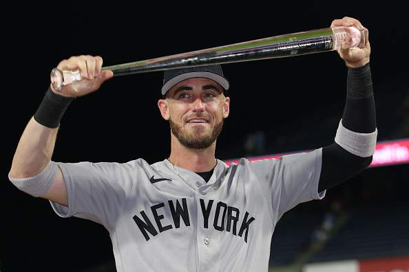 PHILADELPHIA, PENNSYLVANIA - JULY 14: Cody Bellinger #35 of the New York Yankees poses for a photograph with the Ted Williams Most Valuable Player Award after the 2026 MLB All-Star Game at Citizens Bank Park on July 14, 2026 in Philadelphia, Pennsylvania. (Photo by Emilee Chinn/Getty Images)