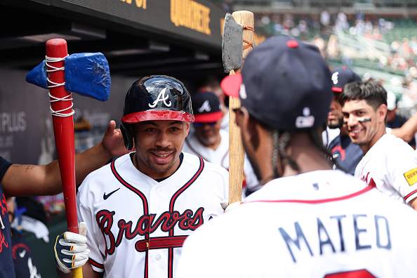 ATLANTA, GEORGIA - JULY 19: Drake Baldwin #30 of the Atlanta Braves celebrates in the dugout after hitting a solo home run during the eighth inning against the Texas Rangers at Truist Park on July 19, 2026 in Atlanta, Georgia. (Photo by Colin Hubbard/Getty Images)
