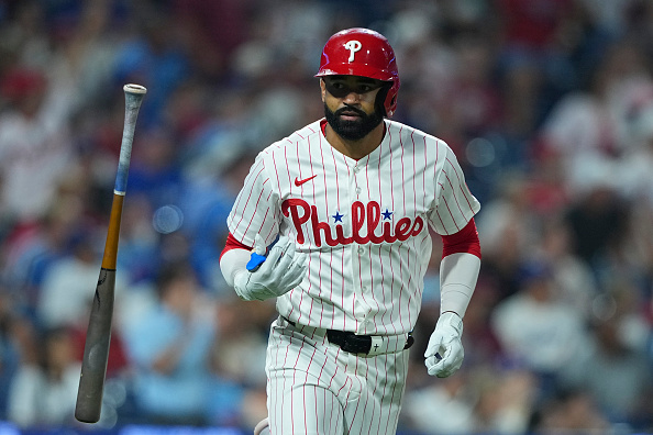 PHILADELPHIA, PENNSYLVANIA - JULY 20: Derek Hill #49 of the Philadelphia Phillies reacts after hitting a solo home run in the bottom of the eighth inning against the Los Angeles Dodgers at Citizens Bank Park on July 20, 2026 in Philadelphia, Pennsylvania. The Phillies defeated the Dodgers 10-7. (Photo by Mitchell Leff/Getty Images)