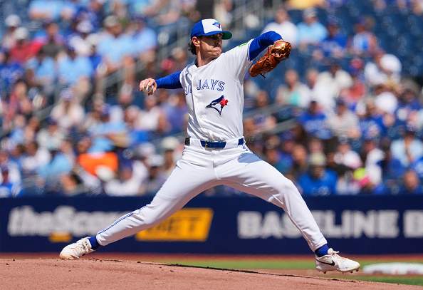 TORONTO, CANADA - JULY 23: Shane Bieber #57 of the Toronto Blue Jays pitches against the Tampa Bay Rays during the first inning in their MLB game at the Rogers Centre on July 23, 2026 in Toronto, Ontario, Canada. (Photo by Mark Blinch/Getty Images)