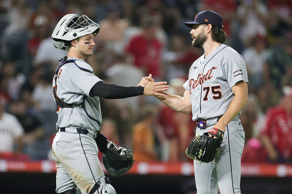 ANAHEIM, CALIFORNIA - JULY 18: Brenan Hanifee #75 of the Detroit Tigers celebrates with Dillon Dingler #13 after the team's win against the Los Angeles Angels at Angel Stadium of Anaheim on July 18, 2026 in Anaheim, California. (Photo by Ryan Sirius Sun/Getty Images)