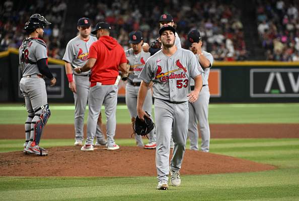 PHOENIX, ARIZONA - JULY 19: Andre Pallante #53 of the St Louis Cardinals walks to the dugout after being relieved during the sixth inning against the Arizona Diamondbacks at Chase Field on July 19, 2026 in Phoenix, Arizona. (Photo by Norm Hall/Getty Images)