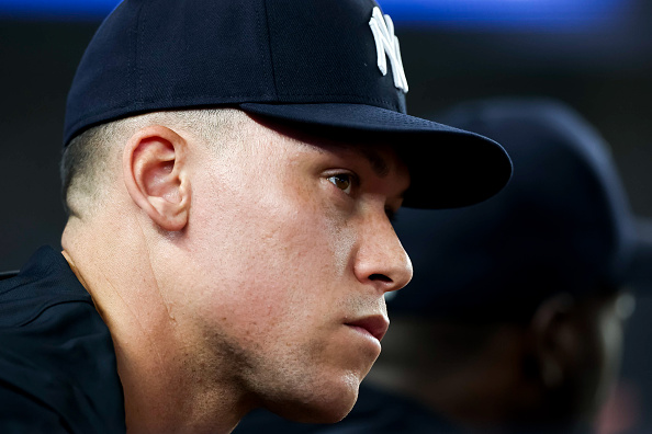 NEW YORK, NEW YORK - JULY 17: Aaron Judge #99 looks on during the sixth inning against the Los Angeles Dodgers at Yankee Stadium on July 17, 2026 in New York City. (Photo by Caleb Bowlin/Getty Images)