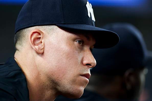 NEW YORK, NEW YORK - JULY 17: Aaron Judge #99 looks on during the sixth inning against the Los Angeles Dodgers at Yankee Stadium on July 17, 2026 in New York City. (Photo by Caleb Bowlin/Getty Images)