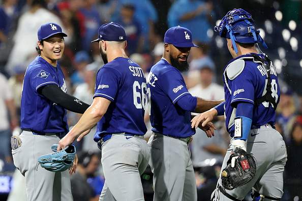 PHILADELPHIA, PENNSYLVANIA - JULY 21: Shohei Ohtani #17, Tanner Scott #66, Teoscar Hernández #37 and Dalton Rushing #68 of the Los Angeles Dodgers celebrate a 2-1 win over the Philadelphia Phillies at Citizens Bank Park on July 21, 2026 in Philadelphia, Pennsylvania. (Photo by Emilee Chinn/Getty Images)
