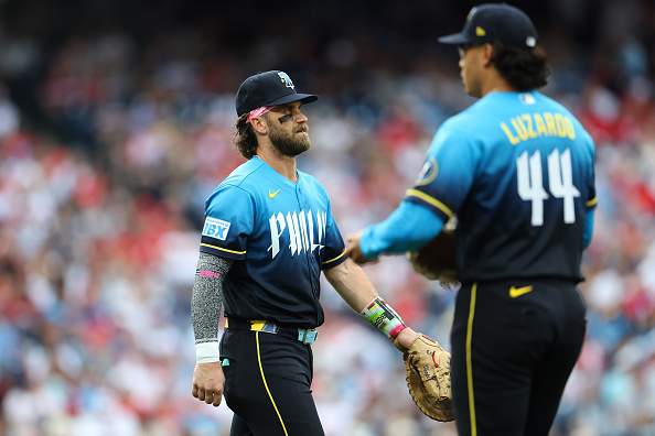 PHILADELPHIA, PENNSYLVANIA - JULY 24: Bryce Harper #3 and Jesús Luzardo #44 of the Philadelphia Phillies look on after an out in the first inning during a game at Citizens Bank Park on July 24, 2026 in Philadelphia, Pennsylvania. (Photo by Emilee Chinn/Getty Images)