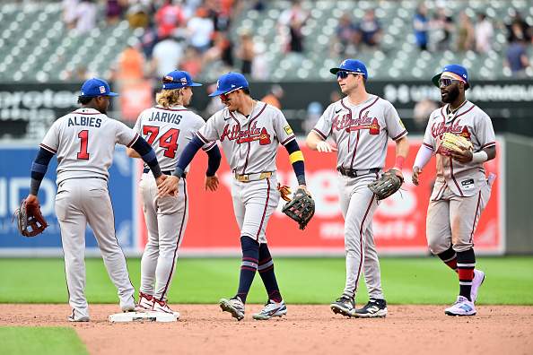 BALTIMORE, MARYLAND - JULY 26: The Atlanta Braves celebrate after a 3-2 victory against the Baltimore Orioles at Oriole Park at Camden Yards on July 26, 2026 in Baltimore, Maryland. (Photo by Greg Fiume/Getty Images)