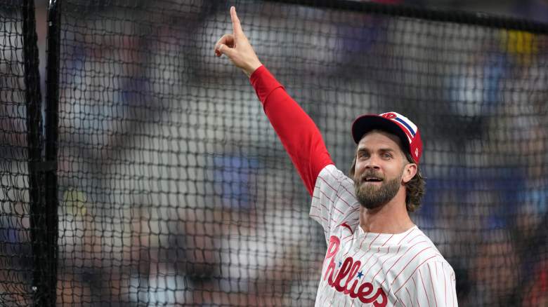 Bryce Harper #3 of the Philadelphia Phillies reacts.