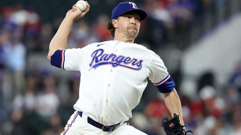 Jacob Degrom #48 of the Texas Rangers pitches.