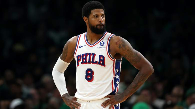 Paul George #8 of the Philadelphia 76ers looks on.