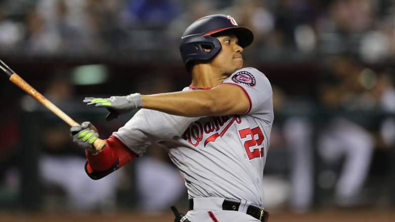 Washington Nationals right fielder Juan Soto bats against the Arizona Diamondbacks at Chase Field during the 2022 seaosn.