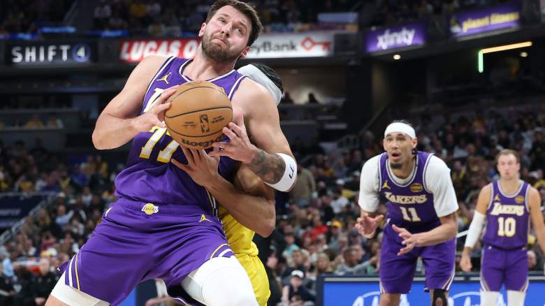 Luka Doncic #77 of the Los Angeles Lakers dribbles the ball