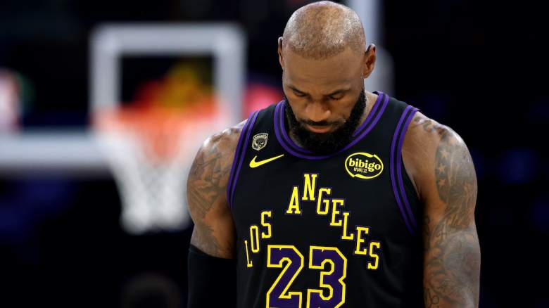 LeBron James #23 of the Los Angeles Lakers looks on against the Oklahoma City Thunder.