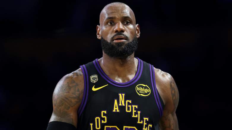 LeBron James #23 of the Los Angeles Lakers looks on against the Oklahoma City Thunder